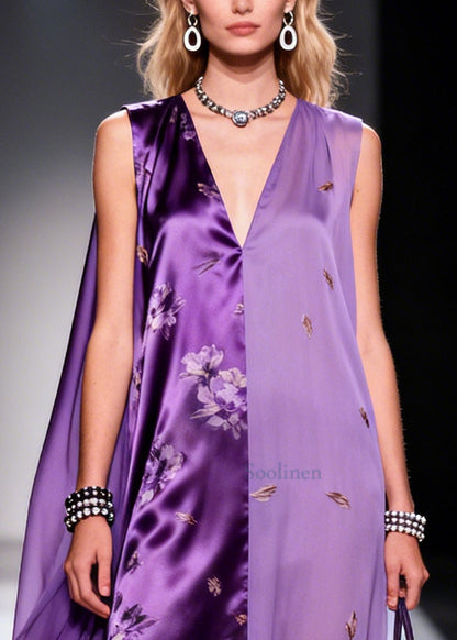 Beautiful Purple Asymmetrical Patchwork Chiffon Ankle Dress Sleeveless