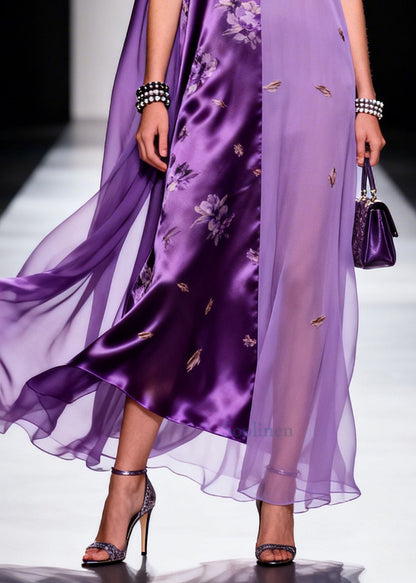 Beautiful Purple Asymmetrical Patchwork Chiffon Ankle Dress Sleeveless