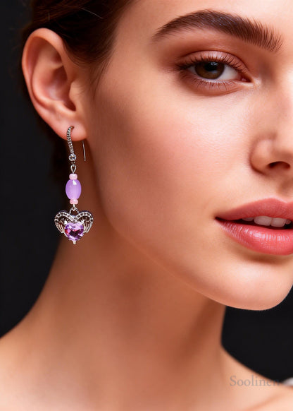Beautiful Purple Heart-shaped Gem Stone Drop Earrings