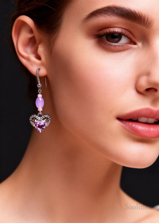 Beautiful Purple Heart-shaped Gem Stone Drop Earrings