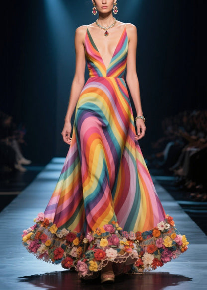 Beautiful Rainbow Floral Decorated Silk Vestidos Dress Summer