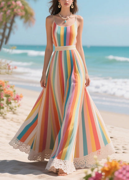 Beautiful Rainbow Striped Patchwork Lace Chiffon Cami Dresses Summer