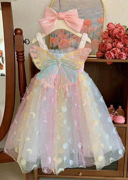 Beautiful Rainbow Wrinkled Patchwork Butterfly Tulle Kids Maxi Dress Sleeveless
