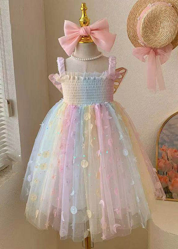 Beautiful Rainbow Wrinkled Patchwork Butterfly Tulle Kids Maxi Dress Sleeveless