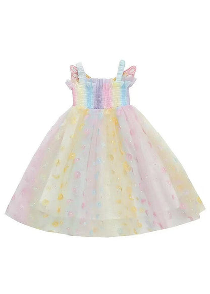 Beautiful Rainbow Wrinkled Patchwork Butterfly Tulle Kids Maxi Dress Sleeveless