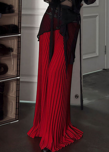 Beautiful Red Elastic Waist Draping Silk Pleated Skirt Spring
