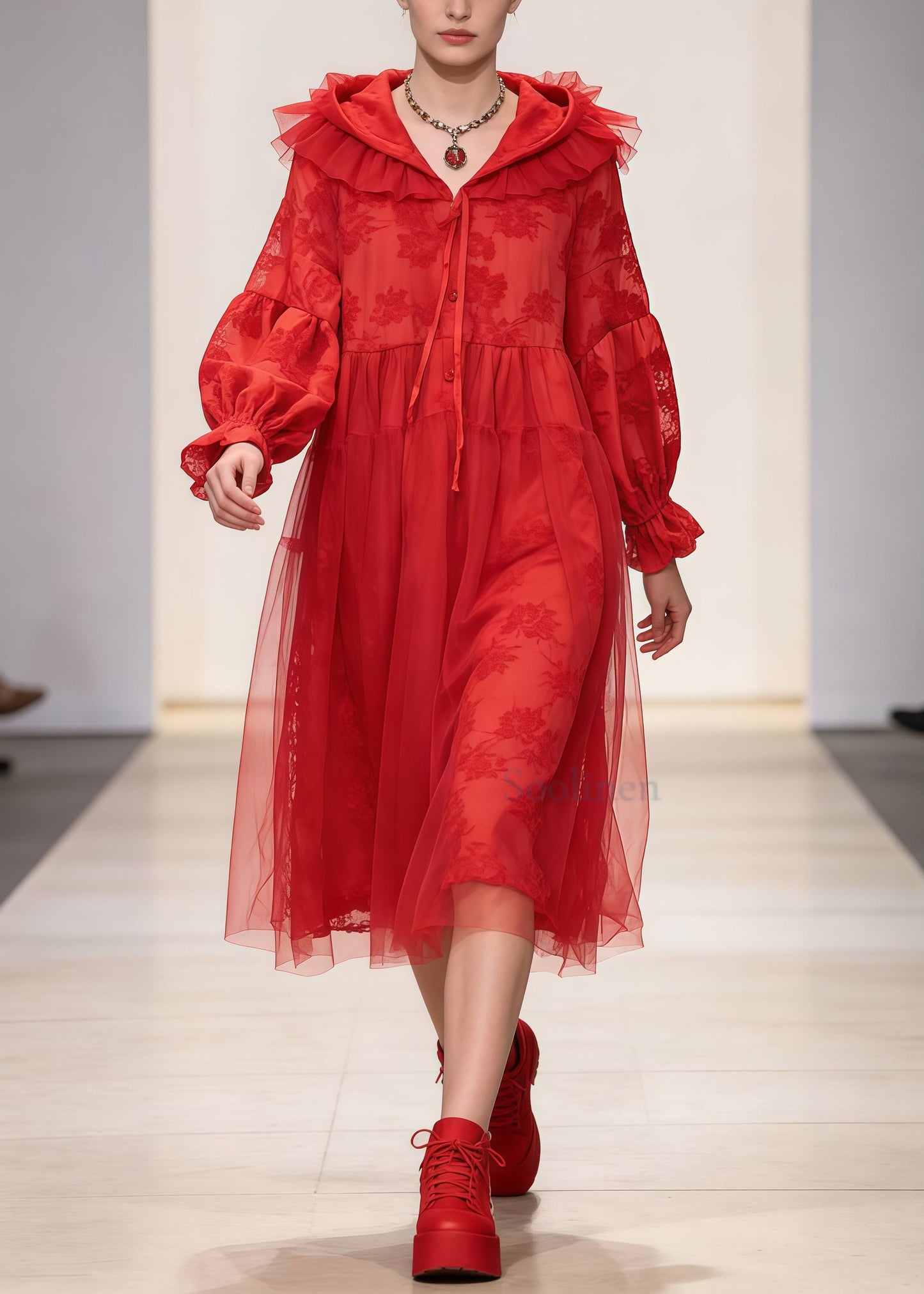 Beautiful Red Embroidered Patchwork Tulle Hooded Dress Spring