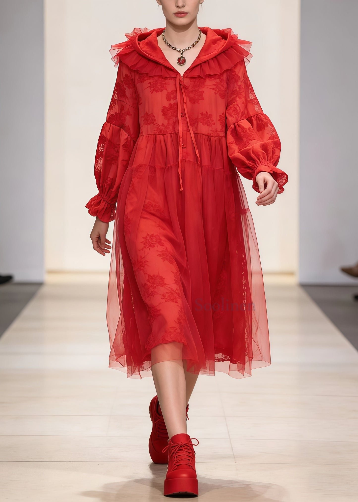 Beautiful Red Embroidered Patchwork Tulle Hooded Dress Spring