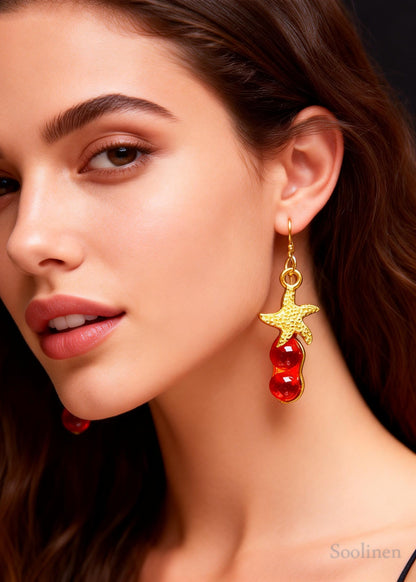 Beautiful Red Gem Stone Starfish Design Drop Earrings