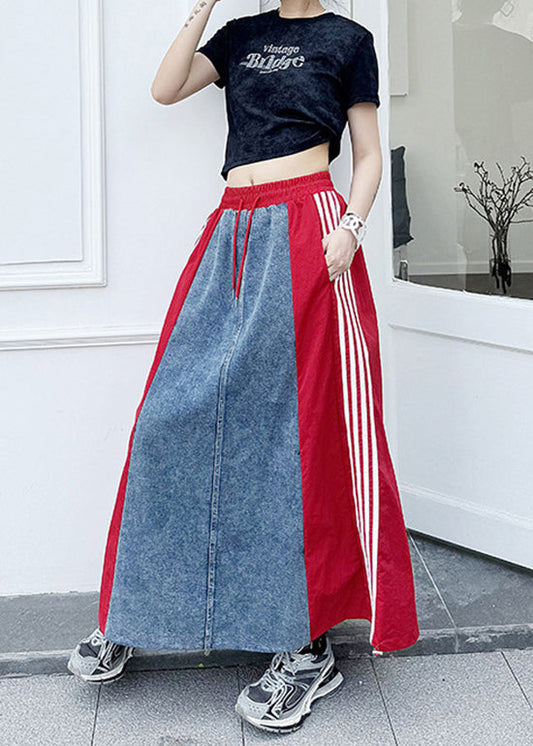 Beautiful Red Pockets Striped Patchwork Denim Skirts Summer
