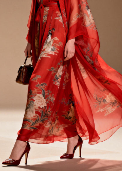 Beautiful Red Print Draping Chiffon Oriental Dress Two Piece Suit Set Summer