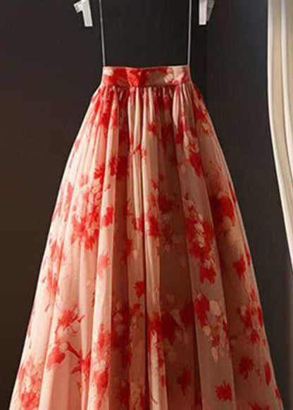 Beautiful Red Print Elastic Waist Chiffon A Line Skirts Summer