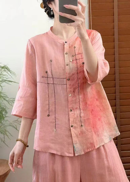 Beautiful Red Stand Collar Tie Dye Patchwork Linen Shirt Bracelet Sleeve