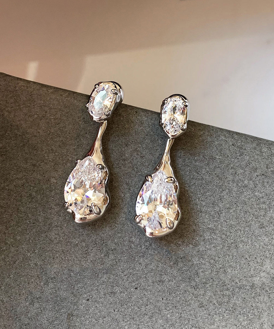 Beautiful Silvery Teardrop Shape Sparkling Zircon Drop Earrings