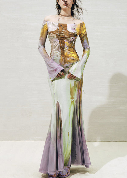 Beautiful Slash Neck Print Tulle Patchwork Long Dresses Fall