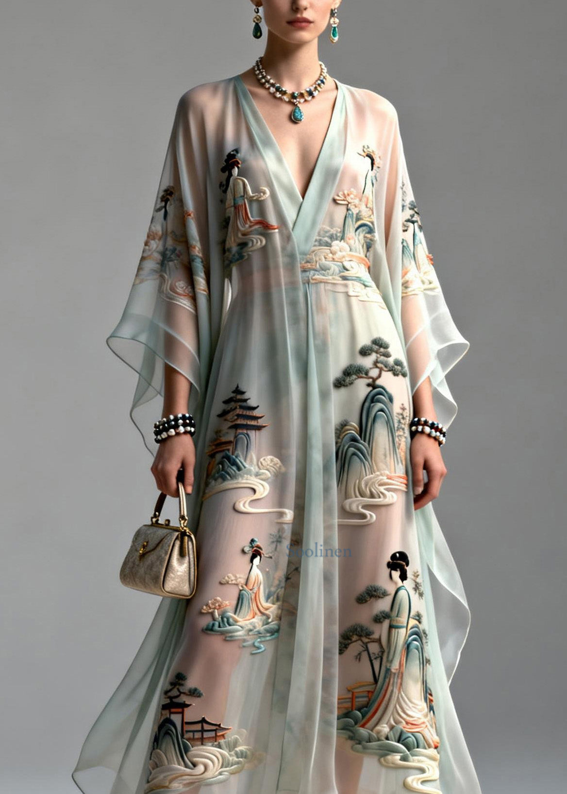 Beautiful V Neck Asymmetrical Design Print Chiffon Dress Summer