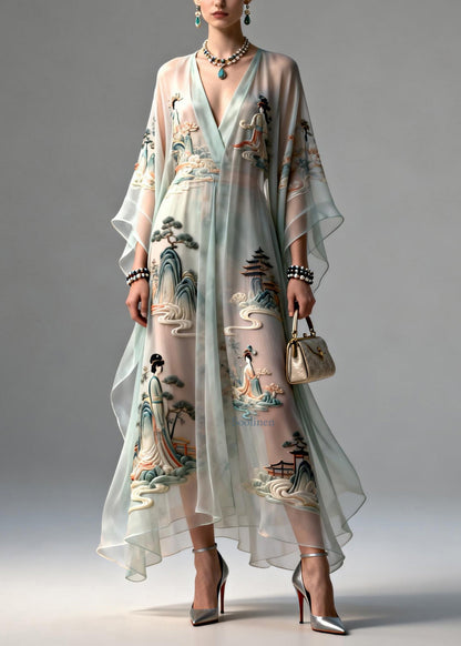 Beautiful V Neck Asymmetrical Design Print Chiffon Dress Summer