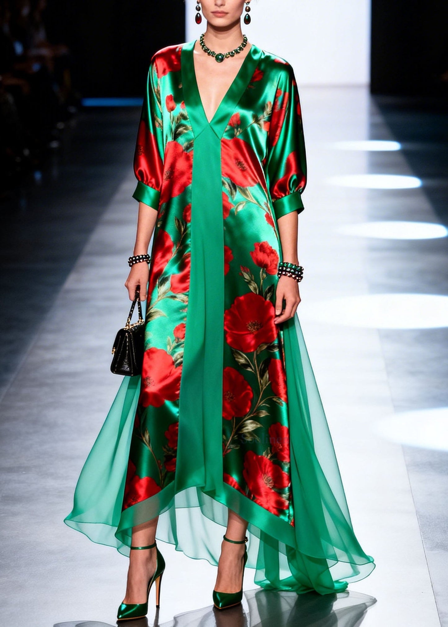 Beautiful V Neck Print Patchwork Chiffon Maxi Dresses Summer