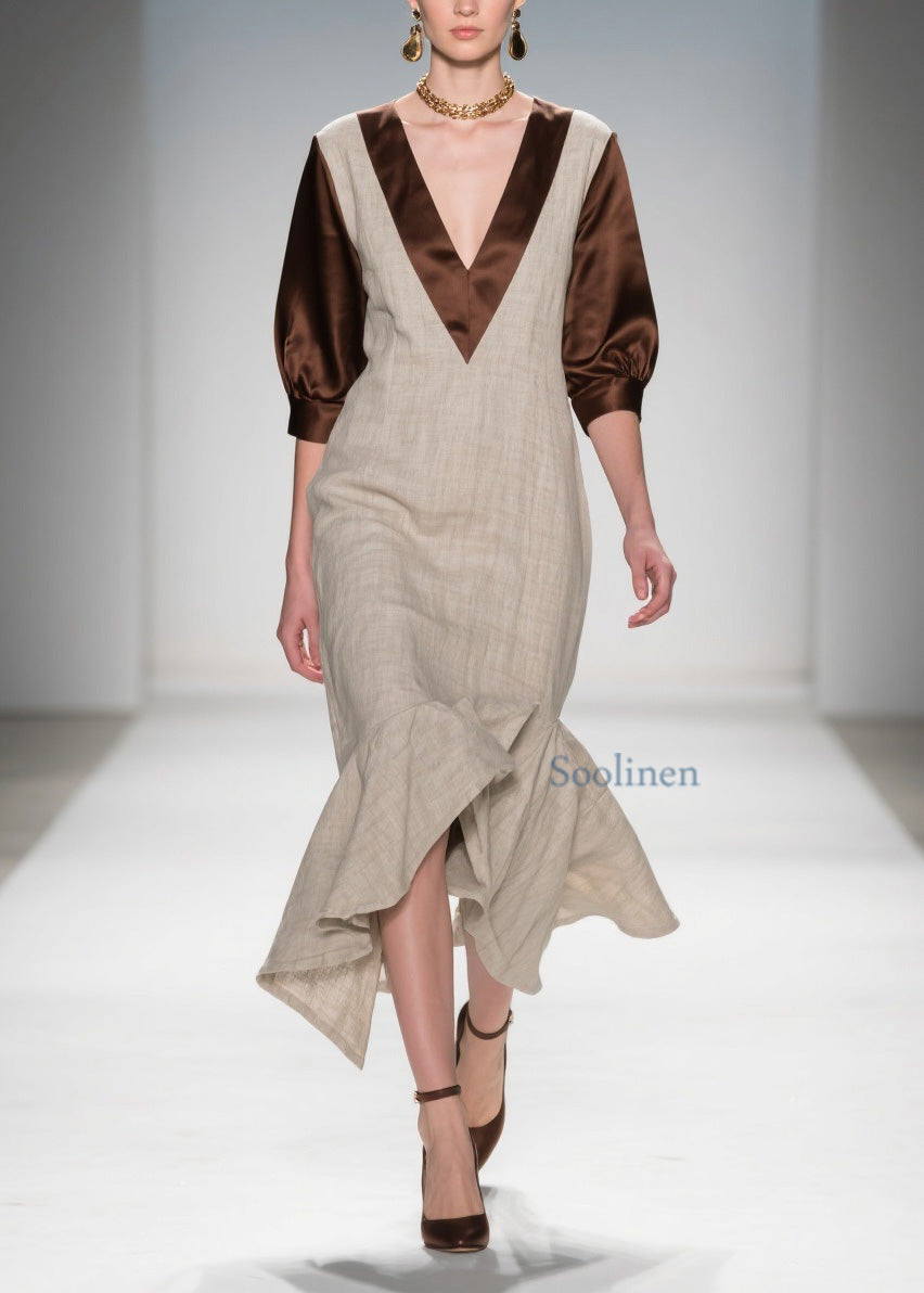 Beautiful V Neck Ruffled Patchwork Linen Silk Dress Summer