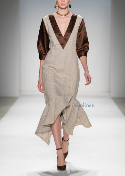 Beautiful V Neck Ruffled Patchwork Linen Silk Dress Summer