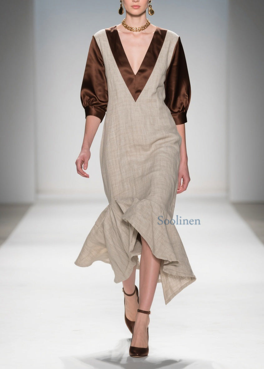 Beautiful V Neck Ruffled Patchwork Linen Silk Dress Summer
