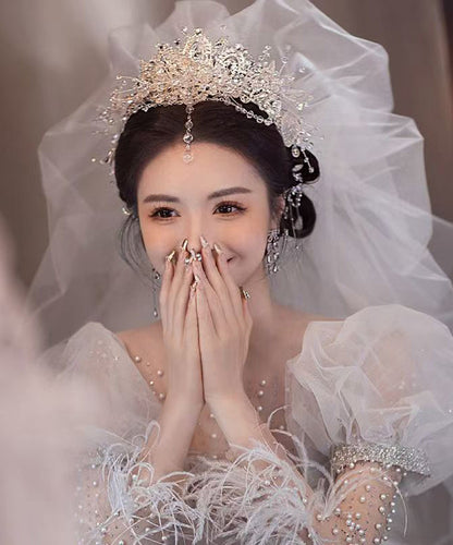 Beautiful White Alloy Zircon Crystal Tassel Drop Earrings And HairPiece Two-Piece Set
