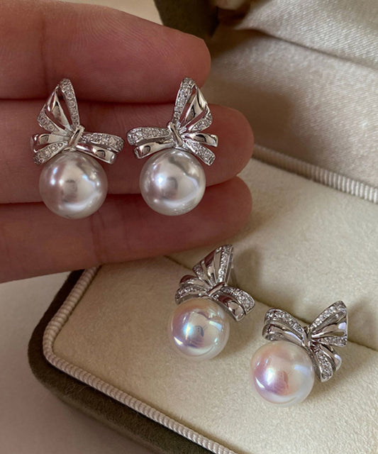 Beautiful White Bow Pearl Silver Stud Earrings