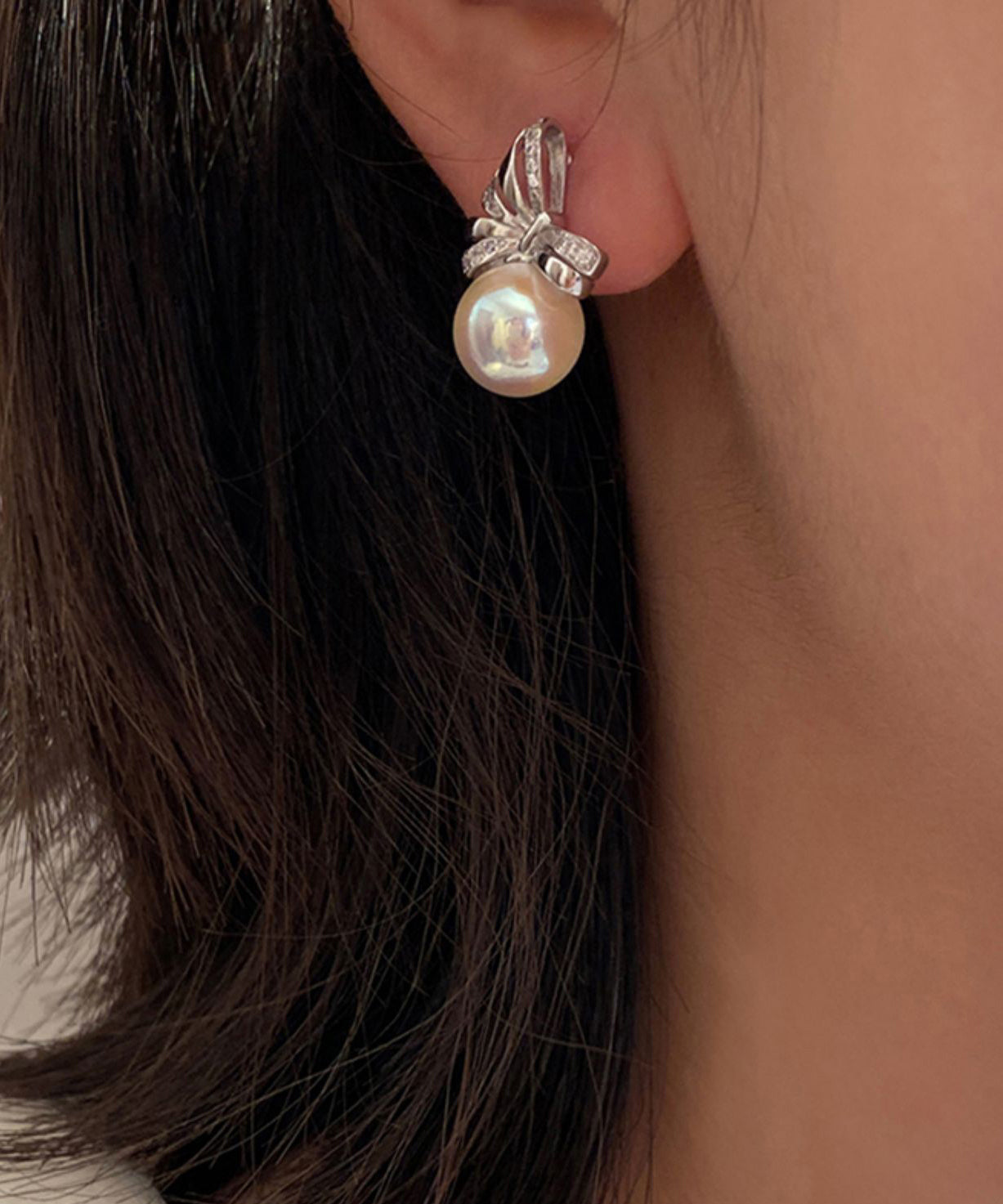 Beautiful White Bow Pearl Silver Stud Earrings