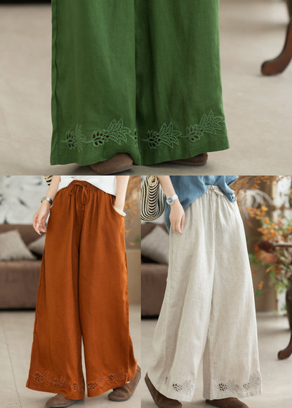 Beautiful White Embroidered Elastic Waist Linen Straight Pants Summer