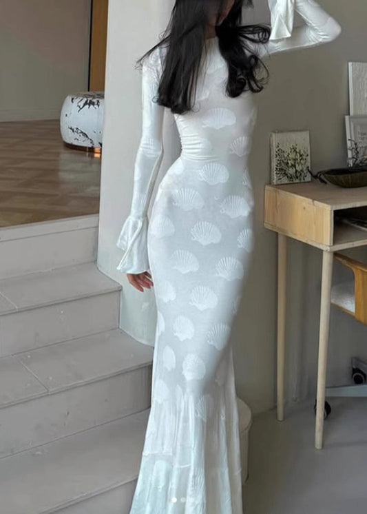 Beautiful White O Neck Backless Lace Up Silk Dress Flare Sleeve