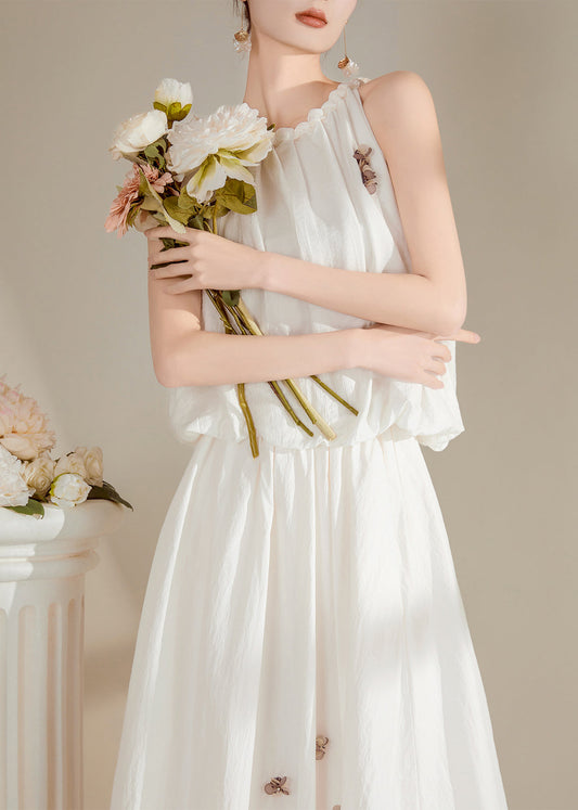 Beautiful White O-Neck Floral Top And Maxi Skirts Two Pieces Set Summer