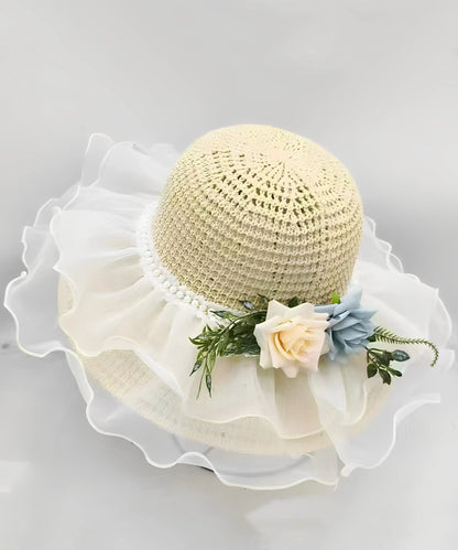 Beautiful White Ruffled Floral Nail Bead Floppy Sun Hat