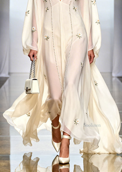 Beautiful White V Neck Floral Zircon Chiffon Dresses Spring