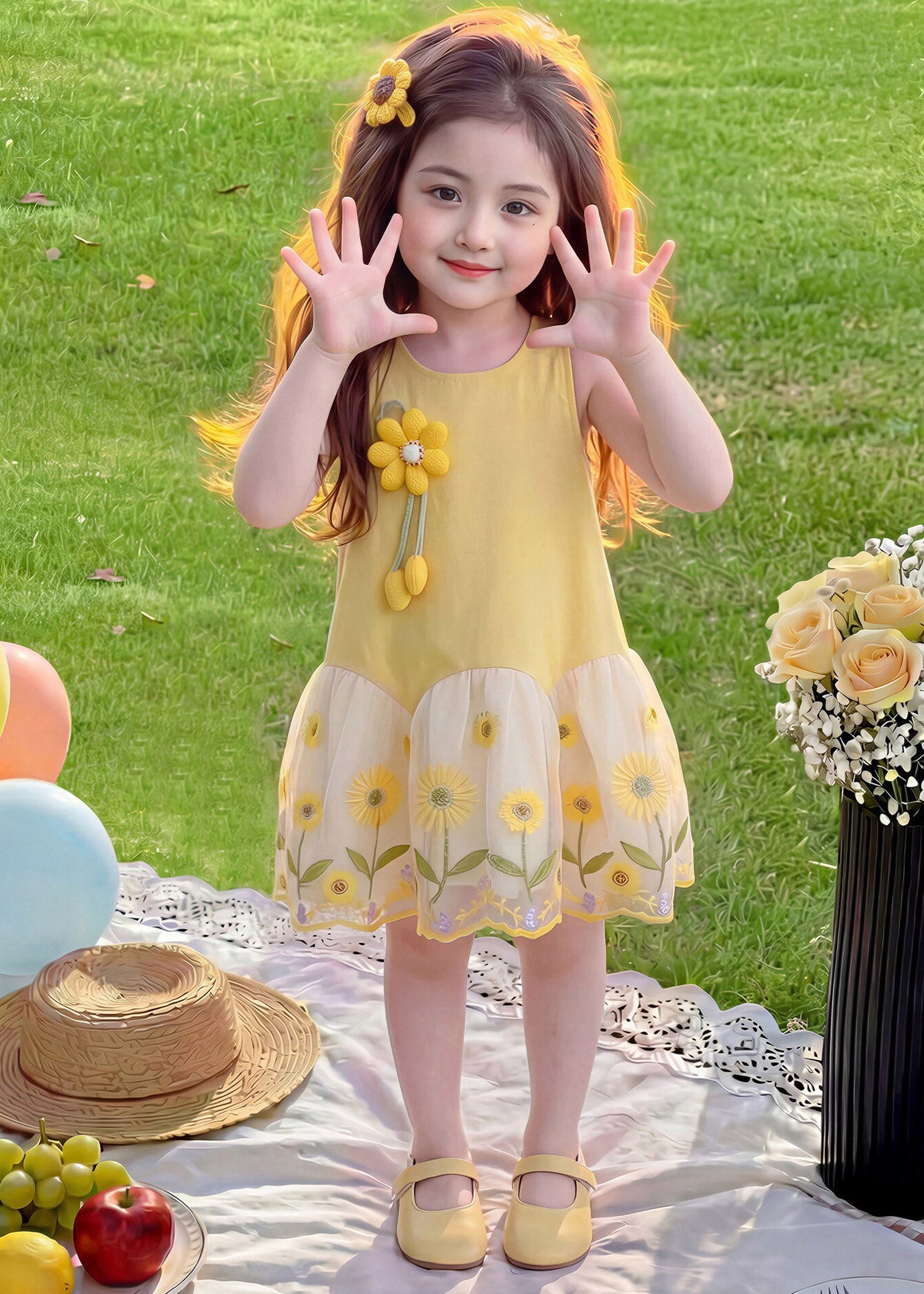 Beautiful Yellow O-Neck Tulle Patchwork Sunflower Kids Long Dress Summer