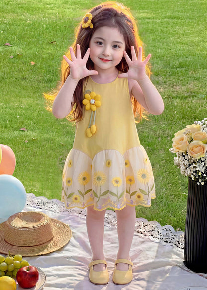 Beautiful Yellow O-Neck Tulle Patchwork Sunflower Kids Long Dress Summer