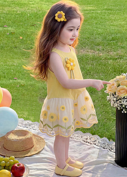 Beautiful Yellow O-Neck Tulle Patchwork Sunflower Kids Long Dress Summer