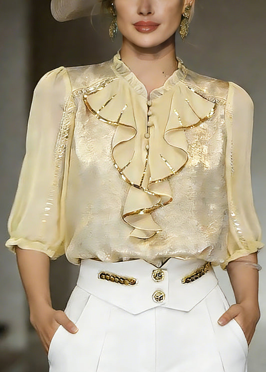Beautiful Yellow Stand Collar Ruffled Chiffon Shirt Summer