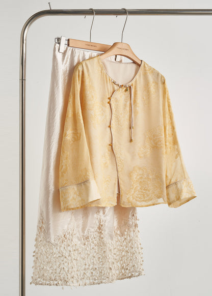 Beautiful Yellow Tasseled Print Silk Coats Fall