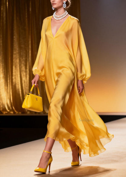 Beautiful Yellow V Neck Chiffon Long Dresses Spring
