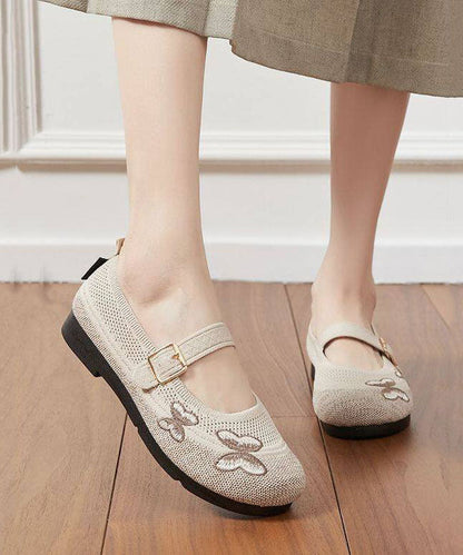 Beige Buckle Strap Women Splicing Embroidered Flat Feet Shoes