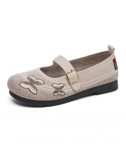 Beige Buckle Strap Women Splicing Embroidered Flat Feet Shoes