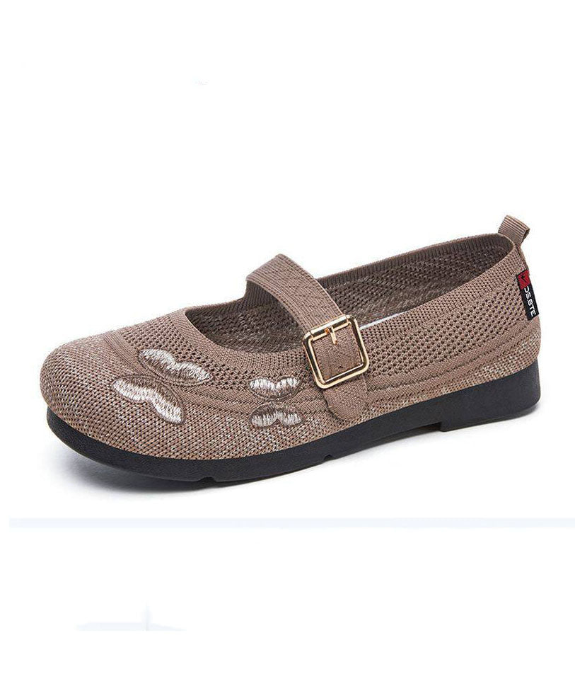 Beige Buckle Strap Women Splicing Embroidered Flat Feet Shoes