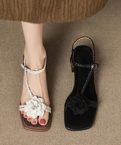 Beige Floral Cowhide Leather Splicing Boho Chunky Sandals