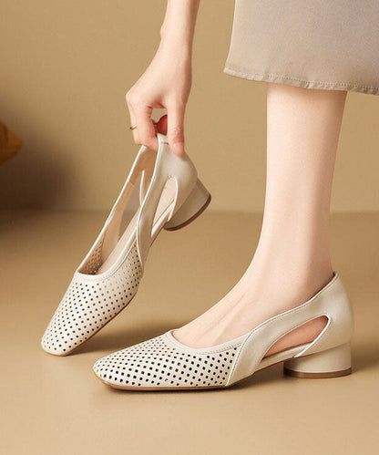 Beige Hollow Out Chunky Faux Leather Stylish Splicing Sandals