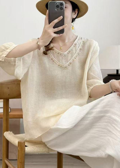 Beige Linen Shirt Tops Double-layer Embroidered Summer