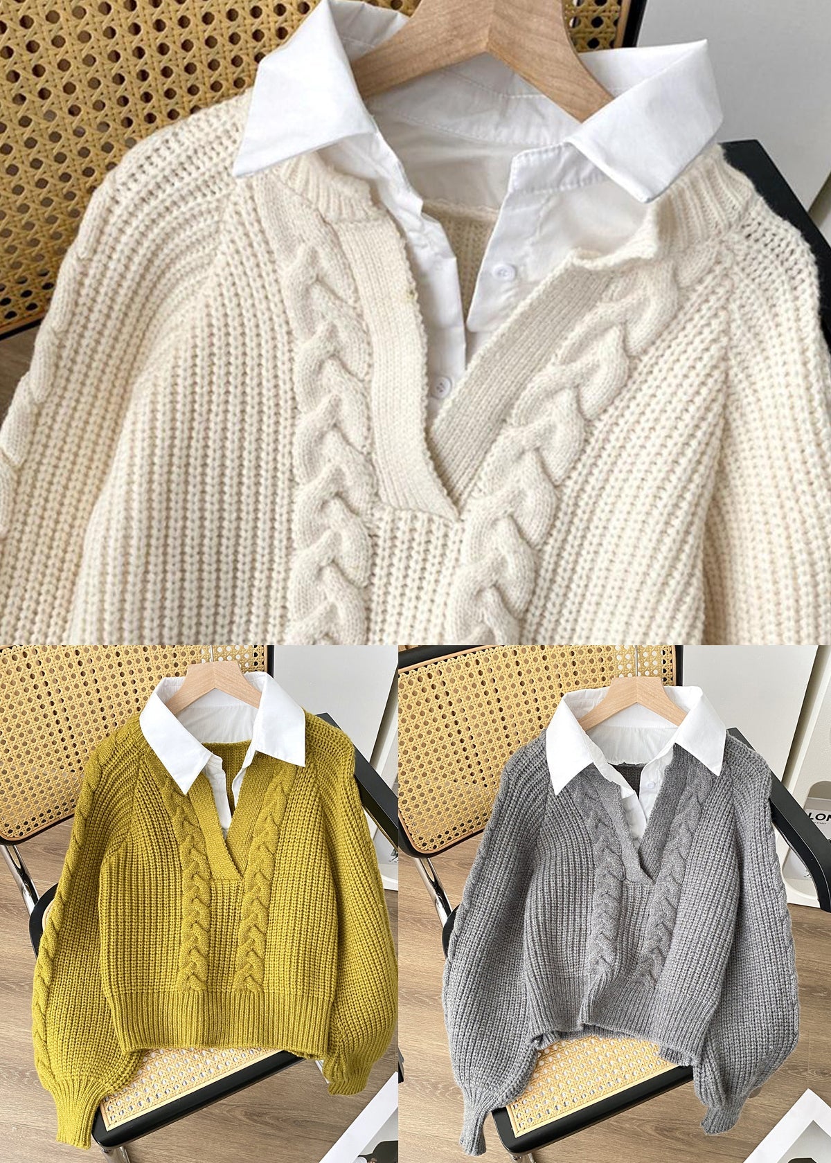 Beige Patchwork Knit Short Sweater Peter Pan Collar Spring