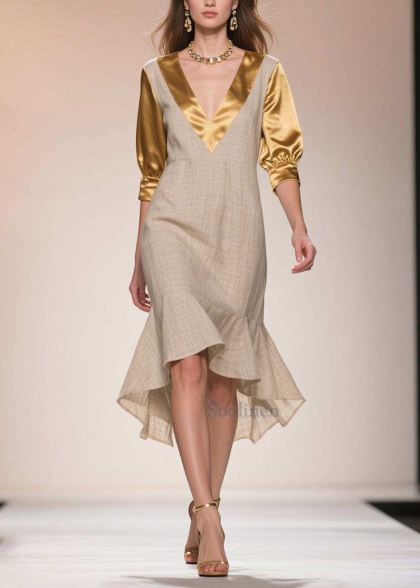 Beige Patchwork Linen Silk Fake Two Piece Dress Ruffles Summer