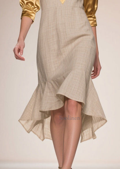Beige Patchwork Linen Silk Fake Two Piece Dress Ruffles Summer