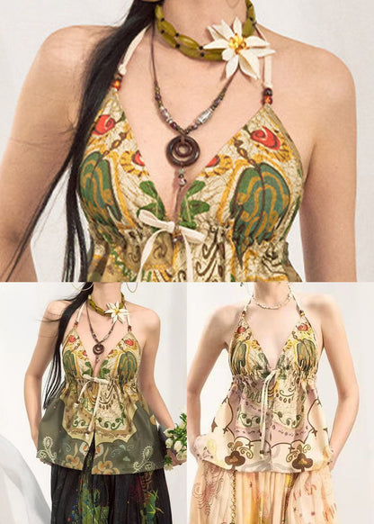 Beige Print Cotton Beach Vest Deep-V Neck Summer