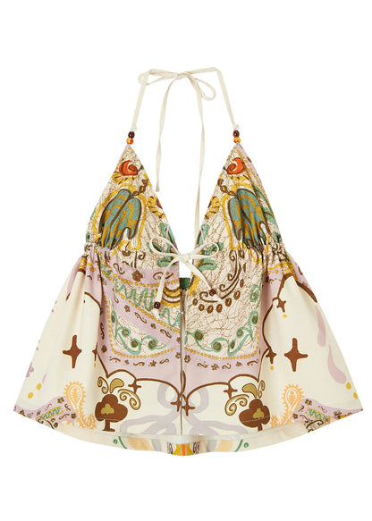 Beige Print Cotton Beach Vest Deep-V Neck Summer